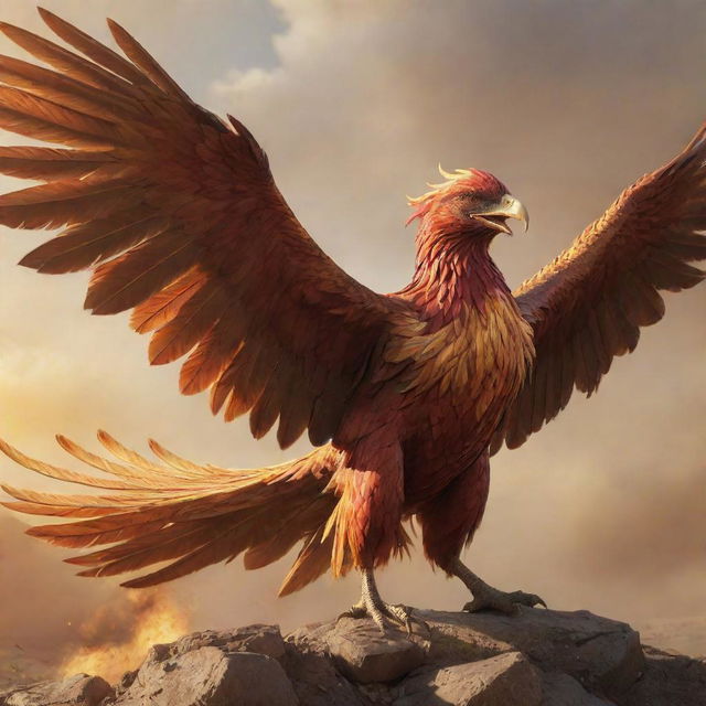 A realistic depiction of a war-ready phoenix, armored and screaming, dramatically soaring across the golden hues of the battlefield.