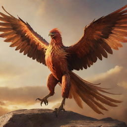 A realistic depiction of a war-ready phoenix, armored and screaming, dramatically soaring across the golden hues of the battlefield.