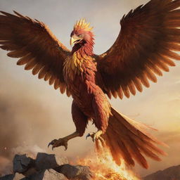 A realistic depiction of a war-ready phoenix, armored and screaming, dramatically soaring across the golden hues of the battlefield.