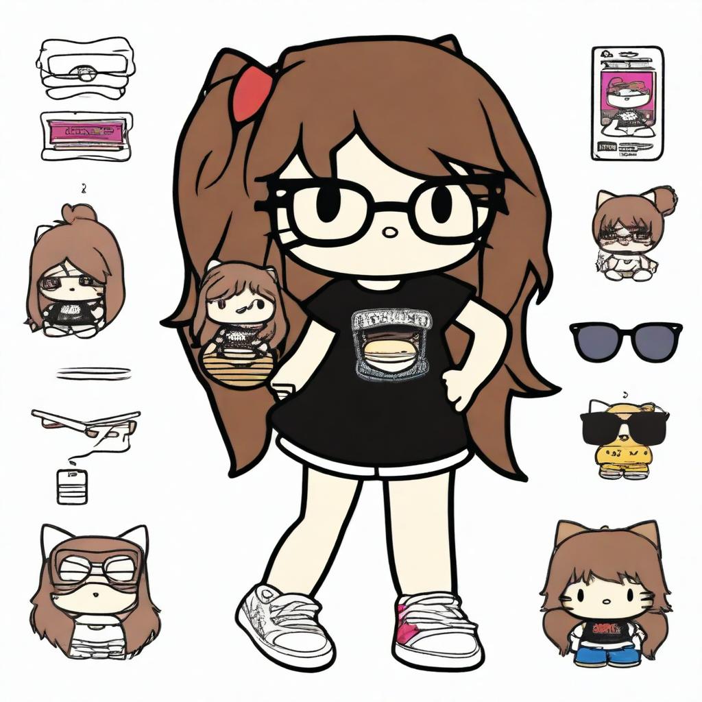 Hello Kitty with long brown hair, round glasses, wearing black shorts and a Stussy t-shirt