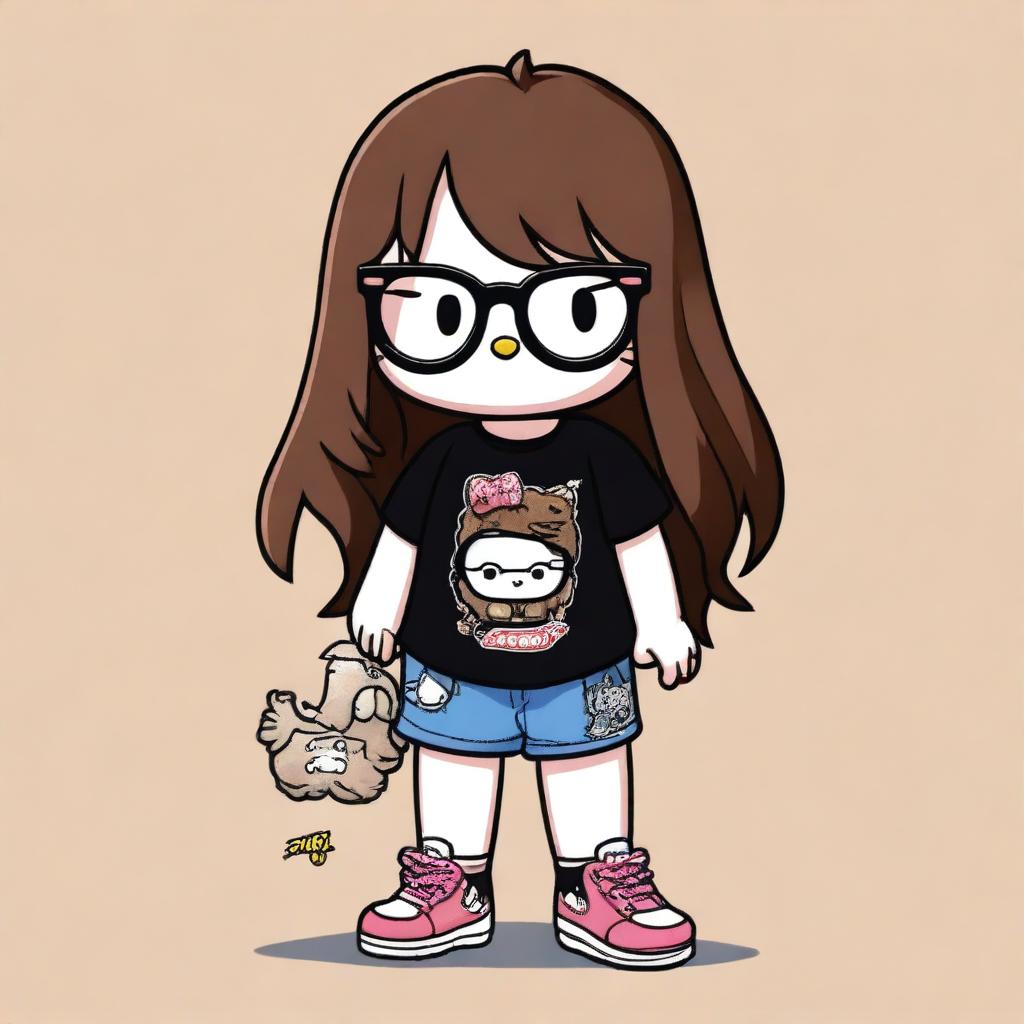 Hello Kitty with long brown hair, round glasses, wearing black shorts and a Stussy t-shirt