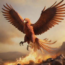 A realistic depiction of a war-ready phoenix, armored and screaming, dramatically soaring across the golden hues of the battlefield.