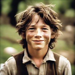 Create an image of Huckleberry Finn as a rugged and unkempt young boy with shaggy brown hair