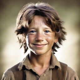 Create an image of Huckleberry Finn as a rugged and unkempt young boy with shaggy brown hair