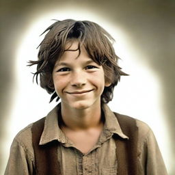 Create an image of Huckleberry Finn as a rugged and unkempt young boy with shaggy brown hair