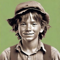 Create an image of Huckleberry Finn as a rugged and unkempt young boy with shaggy brown hair