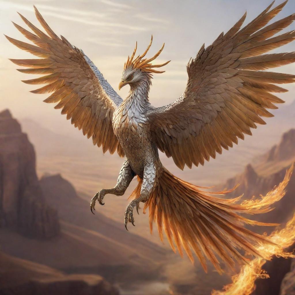 A vivid, realistic rendition of a phoenix, adorned in a gleaming silver armor, war-ready and screeching, captured in its impressive flight over a golden landscape.