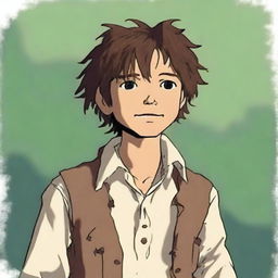 Create an image of Huckleberry Finn as a rugged and unkempt young boy with shaggy brown hair