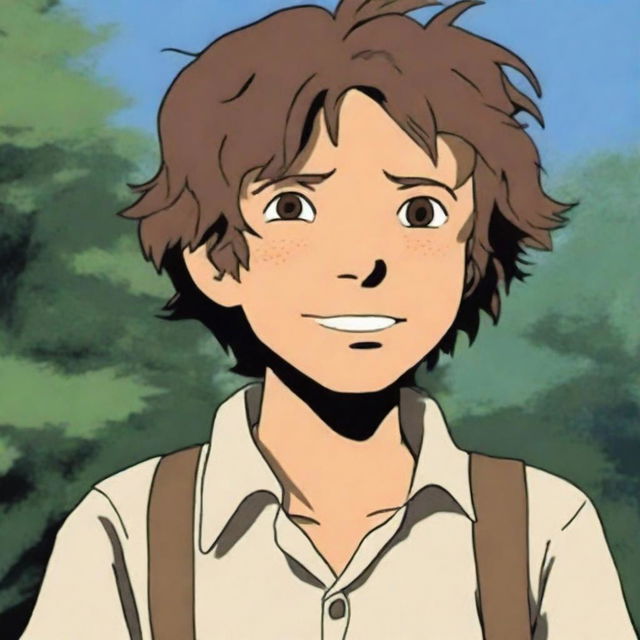 Create an image of Huckleberry Finn as a rugged and unkempt young boy with shaggy brown hair