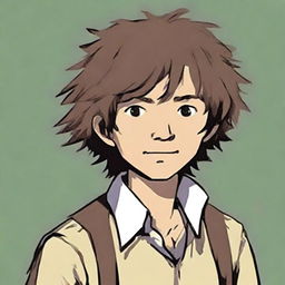 Create an image of Huckleberry Finn as a rugged and unkempt young boy with shaggy brown hair