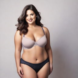 Generate an image of a woman with a curvy figure wearing a small bra