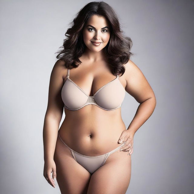 Generate an image of a woman with a curvy figure wearing a small bra