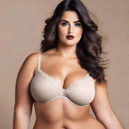 Generate an image of a woman with a curvy figure wearing a small bra