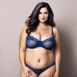 Generate an image of a woman with a curvy figure wearing a small bra