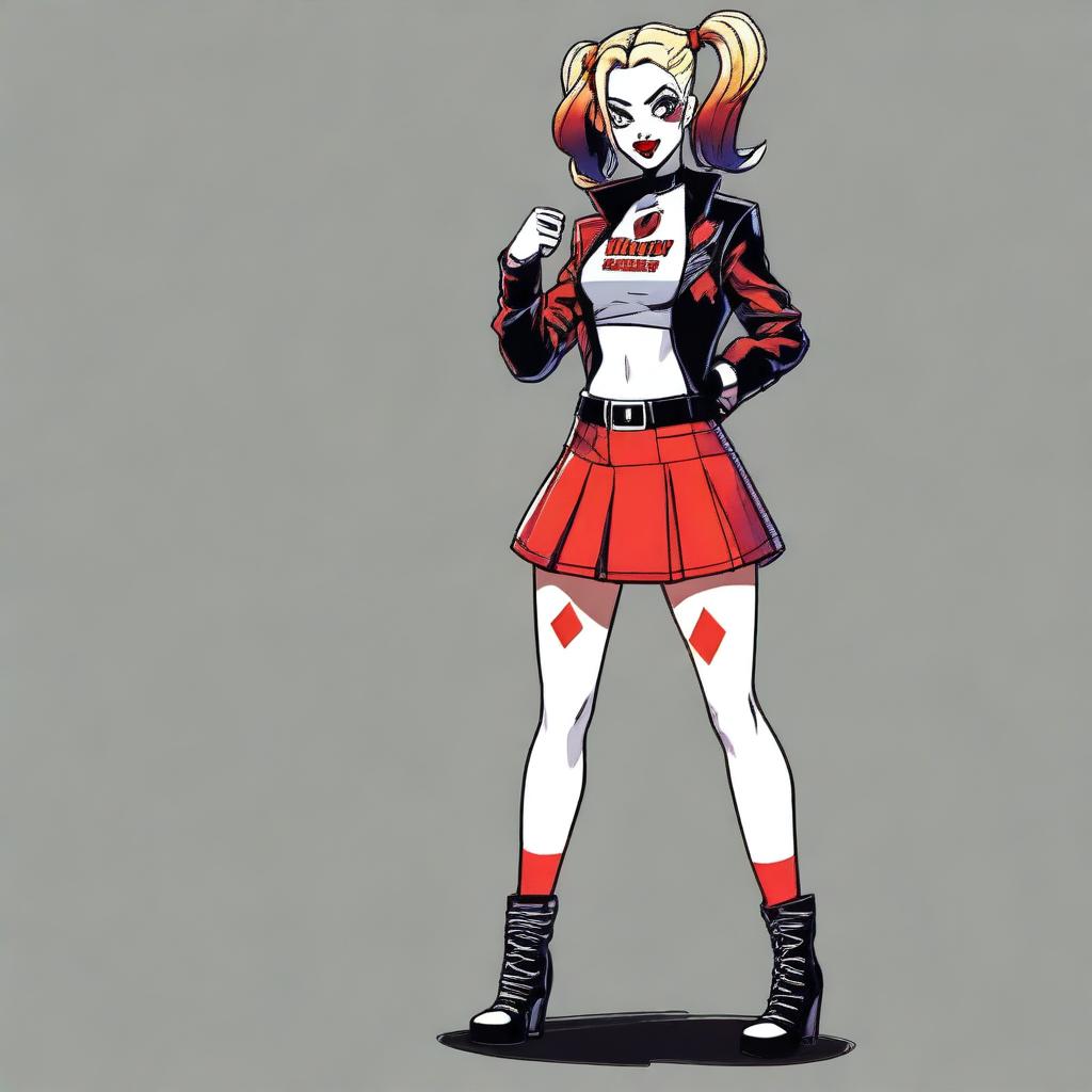 Generate an image of Harley Quinn from the DC universe, wearing a small, stylish skirt