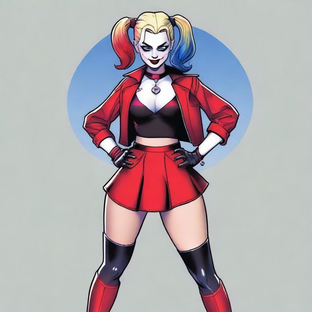 Generate an image of Harley Quinn from the DC universe, wearing a small, stylish skirt