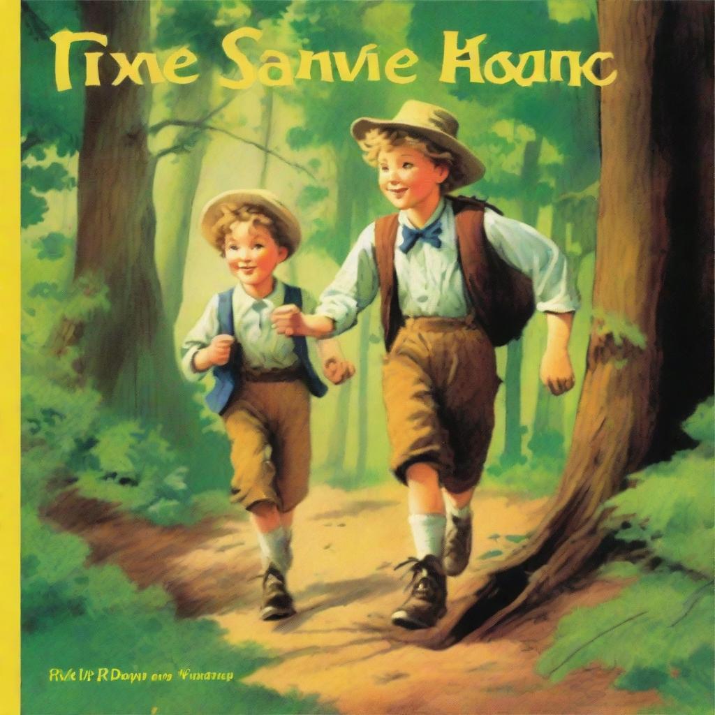 A vivid illustration of Tom Sawyer and his friend Huck, intently following a wild pig through a dense, lush forest