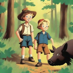 A vivid illustration of Tom Sawyer and his friend Huck, intently following a wild pig through a dense, lush forest