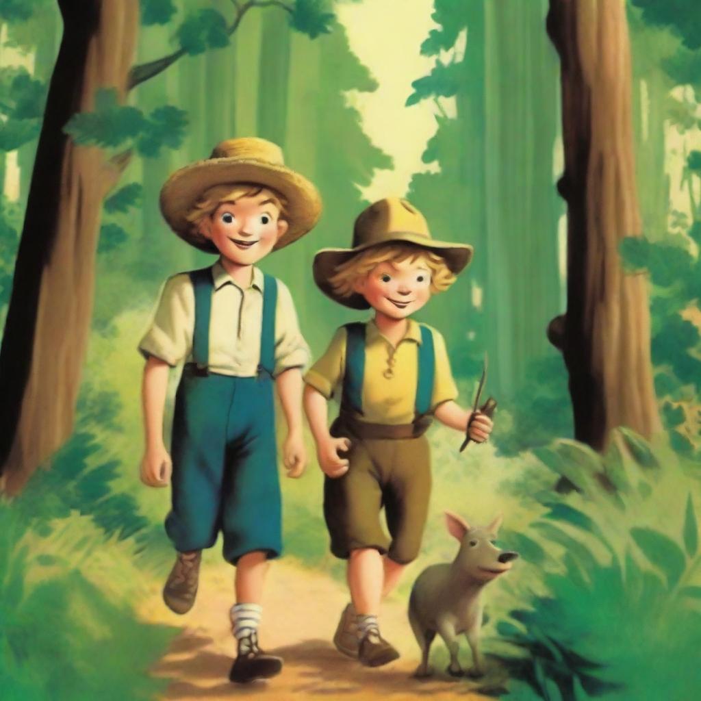 A vivid illustration of Tom Sawyer and his friend Huck, intently following a wild pig through a dense, lush forest