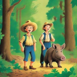 A vivid illustration of Tom Sawyer and his friend Huck, intently following a wild pig through a dense, lush forest