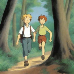 Tom Sawyer and his friend Huck are following a wild pig in the forest