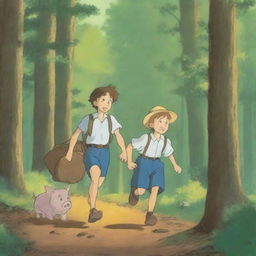 Tom Sawyer and his friend Huck are following a wild pig in the forest