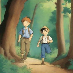 Tom Sawyer and his friend Huck are following a wild pig in the forest