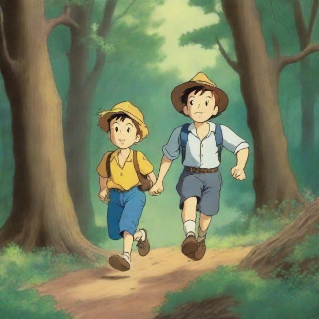 Tom Sawyer and his friend Huck are following a wild pig in the forest