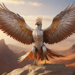 A vivid, realistic rendition of a phoenix, adorned in a gleaming silver armor, war-ready and screeching, captured in its impressive flight over a golden landscape.