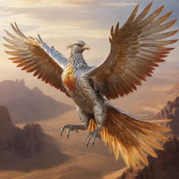 A vivid, realistic rendition of a phoenix, adorned in a gleaming silver armor, war-ready and screeching, captured in its impressive flight over a golden landscape.