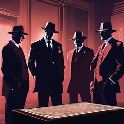 Generate an image of a mafia group, each member displaying unique magical powers