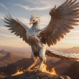 A strikingly realistic phoenix, clad in brilliant silver armor, prepared for war and emitting a throaty scream, depicted flying over a landscape bathed in golden light.