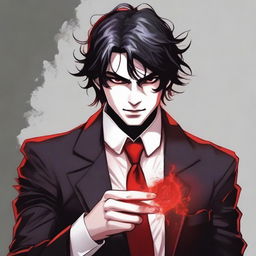 Generate an image of a 20-year-old mafia member with dark hair and red eyes