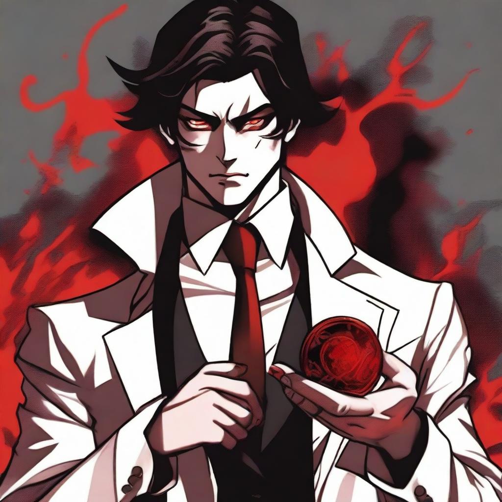 Generate an image of a 20-year-old mafia member with dark hair and red eyes