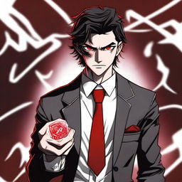 Generate an image of a 20-year-old mafia member with dark hair and red eyes