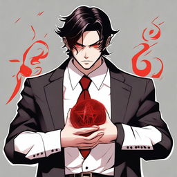 Generate an image of a 20-year-old mafia member with dark hair and red eyes