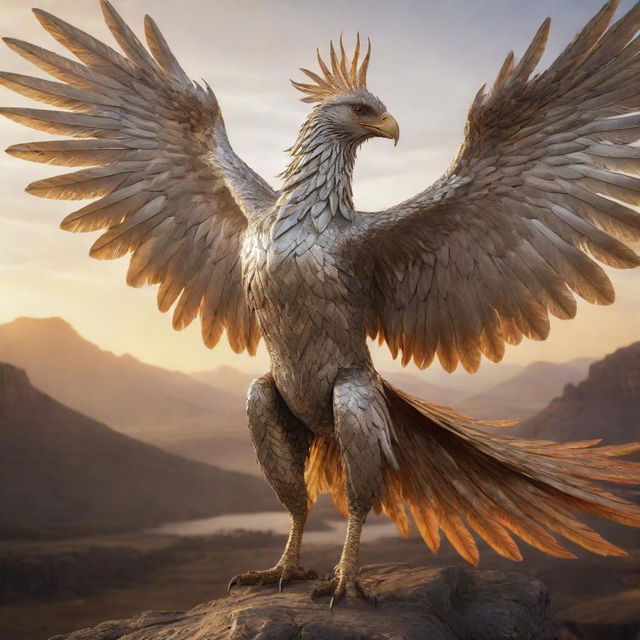 A strikingly realistic phoenix, clad in brilliant silver armor, prepared for war and emitting a throaty scream, depicted flying over a landscape bathed in golden light.