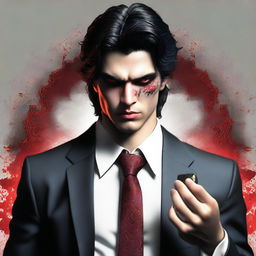 Generate a realistic image of a 20-year-old mafia member with dark hair and red eyes