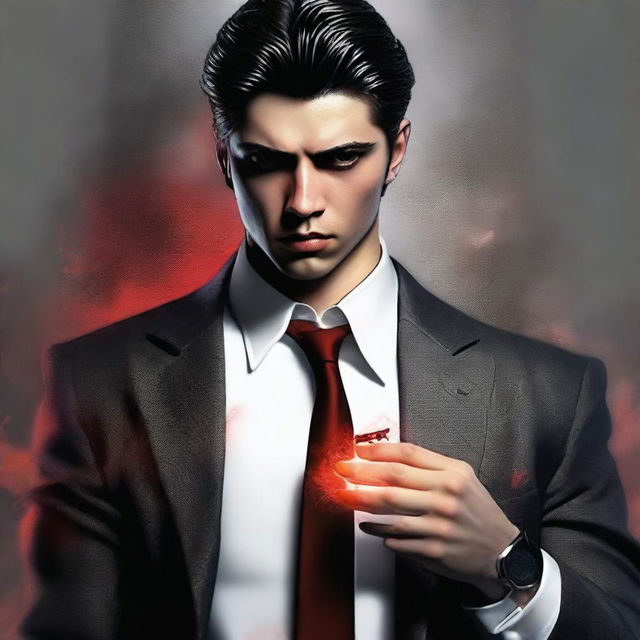 Generate a realistic image of a 20-year-old mafia member with dark hair and red eyes