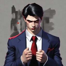 Generate a realistic image of a 20-year-old mafia member with dark hair and red eyes