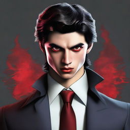 Generate a realistic image of a 20-year-old mafia member with dark hair and red eyes