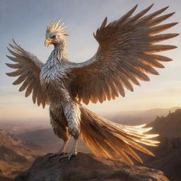 A strikingly realistic phoenix, clad in brilliant silver armor, prepared for war and emitting a throaty scream, depicted flying over a landscape bathed in golden light.