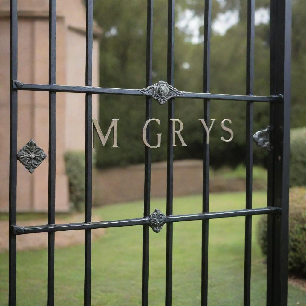 An elegant gate name plate crafted from polished metal, prominently engraved with the words 'Magrey's Villa'.