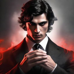 Generate a realistic book cover featuring a 20-year-old mafia member with dark hair and red eyes