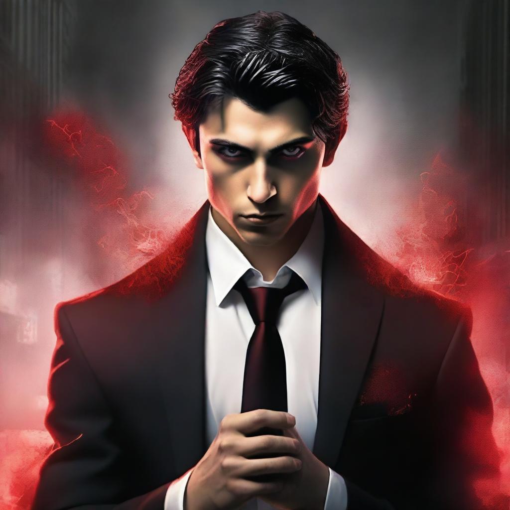 Generate a realistic book cover featuring a 20-year-old mafia member with dark hair and red eyes