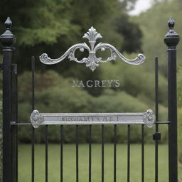 An elegant gate name plate crafted from polished metal, prominently engraved with the words 'Magrey's Villa'.