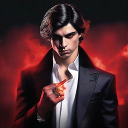 Generate a realistic book cover featuring a 20-year-old mafia member with dark hair and red eyes