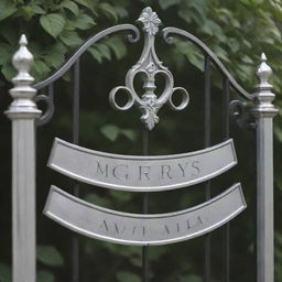 An elegant gate name plate crafted from polished metal, prominently engraved with the words 'Magrey's Villa'.