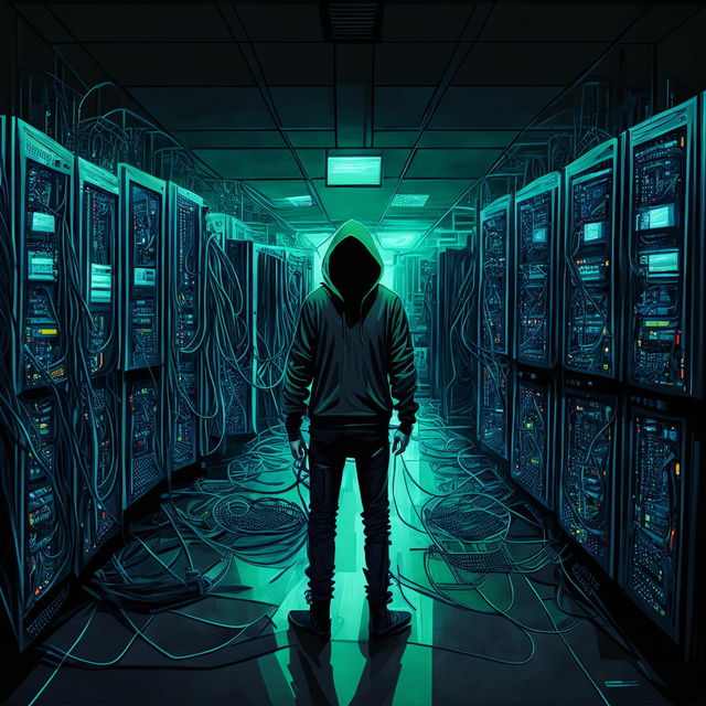 A high-quality digital art image of a server room filled with high-tech equipment and a solitary hacker, depicted in the style of Grand Theft Auto