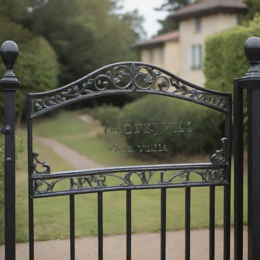 An elegant gate name plate crafted from polished metal, prominently engraved with the words 'Magrey's Villa'.